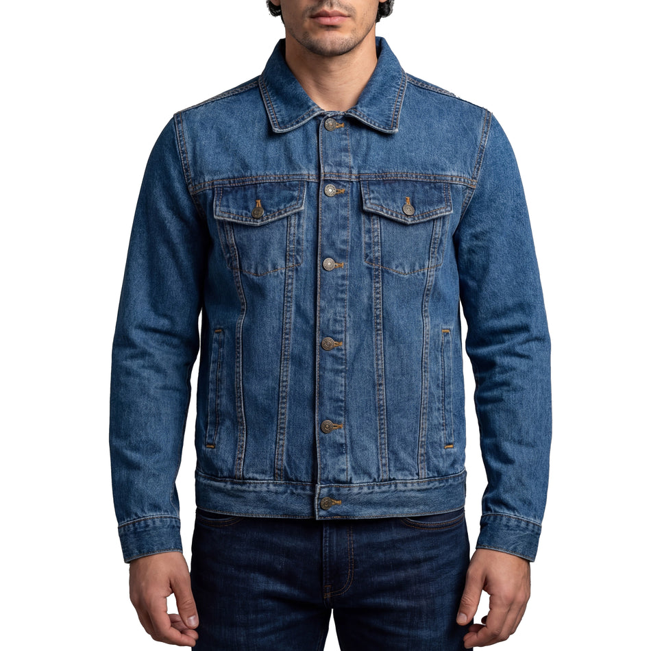VB510BL - Vance Mens Blue Heavy Duty Denim Button Front Motorcycle Jacket, Jean Jacket for Men