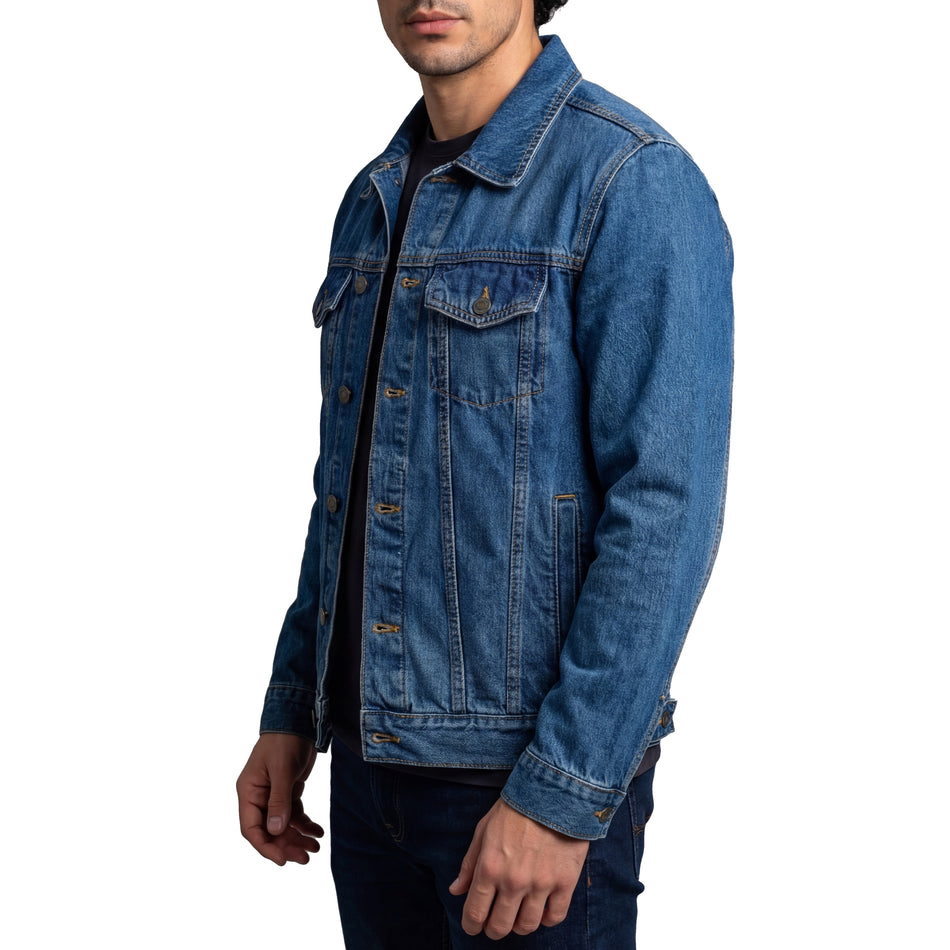 VB510BL - Vance Mens Blue Heavy Duty Denim Button Front Motorcycle Jacket, Jean Jacket for Men