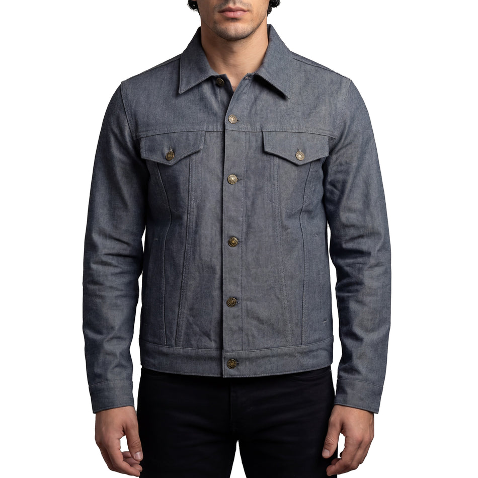 VB510G - Vance Mens Grey Heavy Duty Denim Button Front Motorcycle Jacket, Jean Jacket for Men