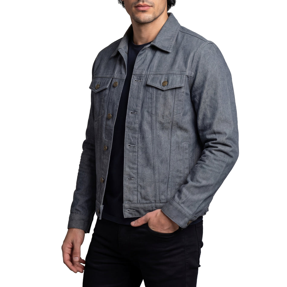 VB510G - Vance Mens Grey Heavy Duty Denim Button Front Motorcycle Jacket, Jean Jacket for Men