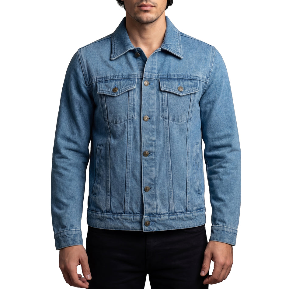 VB510LB - Vance Men's Light Blue Heavy Duty Denim Button Front Motorcycle Jacket, Jean Jacket for Men