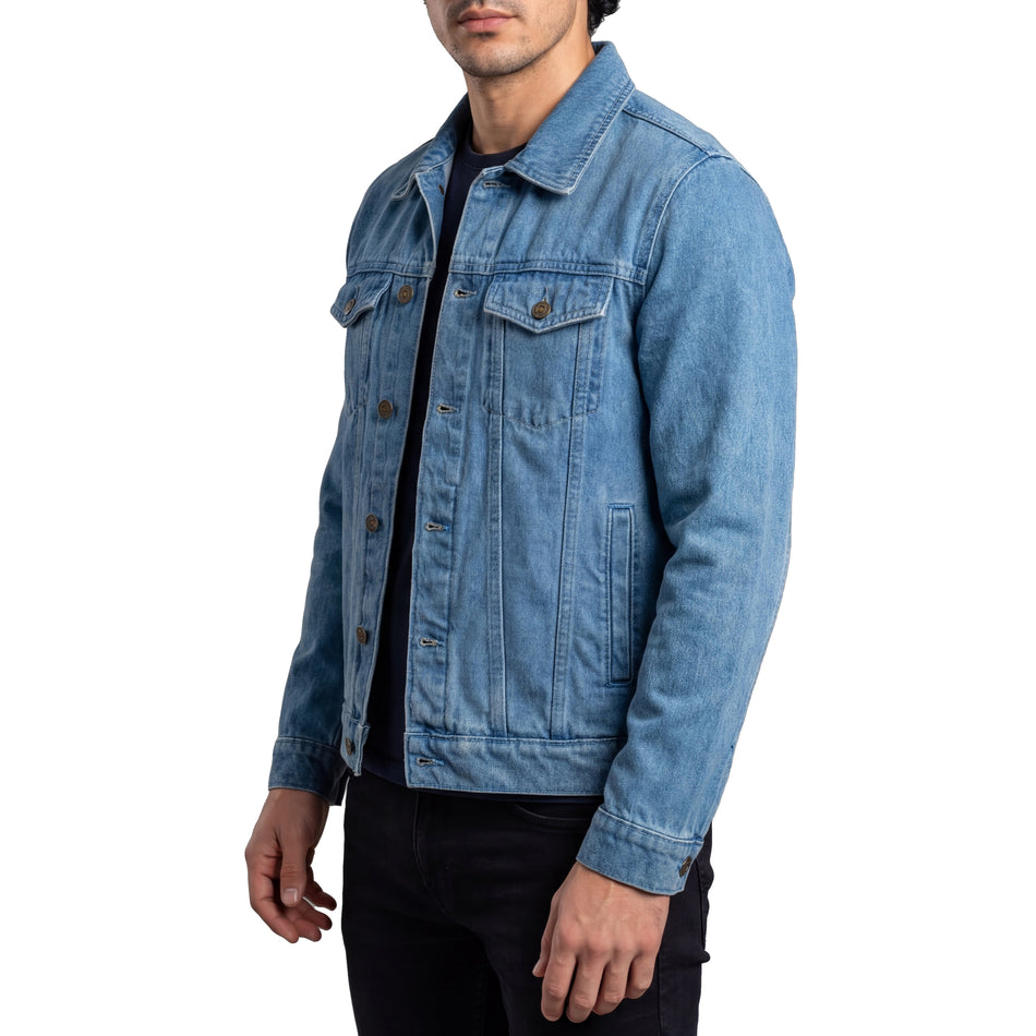 VB510LB - Vance Men's Light Blue Heavy Duty Denim Button Front Motorcycle Jacket, Jean Jacket for Men