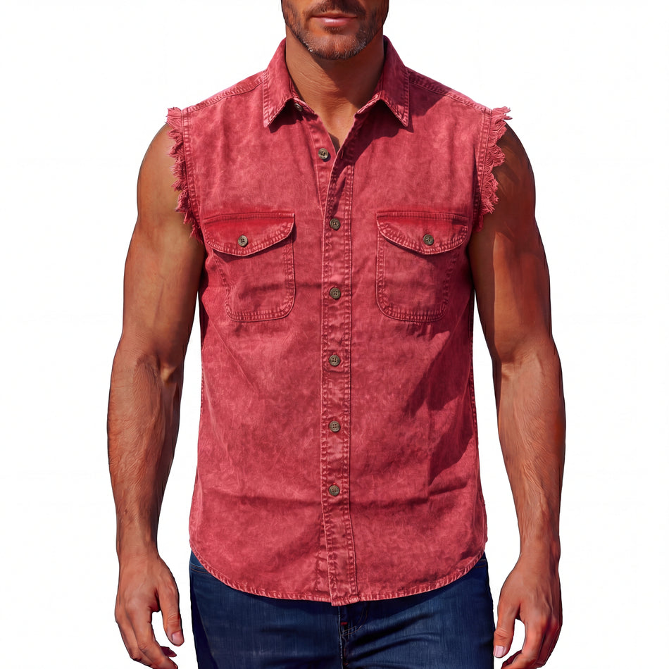 VB734 - Mens Cutoffs Red Acid Wash Shirt