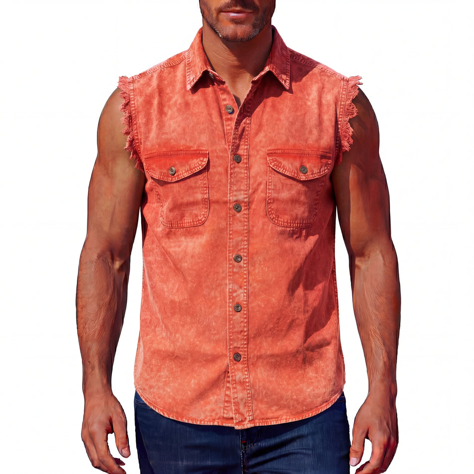 VB735 - Mens Cutoffs Orange Acid Wash Shirt