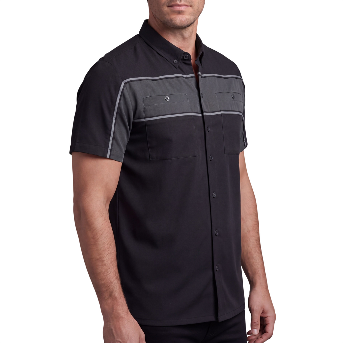 Vance Leather Men's Black Grey Short Sleeve Button Down Two Pockets Soft Casual Shirt - side