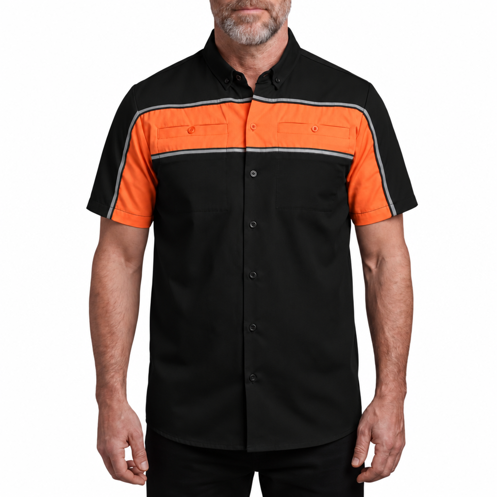 Vance Leather Men's Black Orange Short Sleeve Button Down Two Pockets Soft Casual Shirt - front