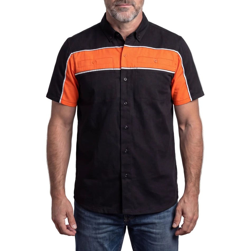 VB770BO - Vance Leather Men's Black Orange Short Sleeve Button Down Two Pockets Soft Casual Shirt