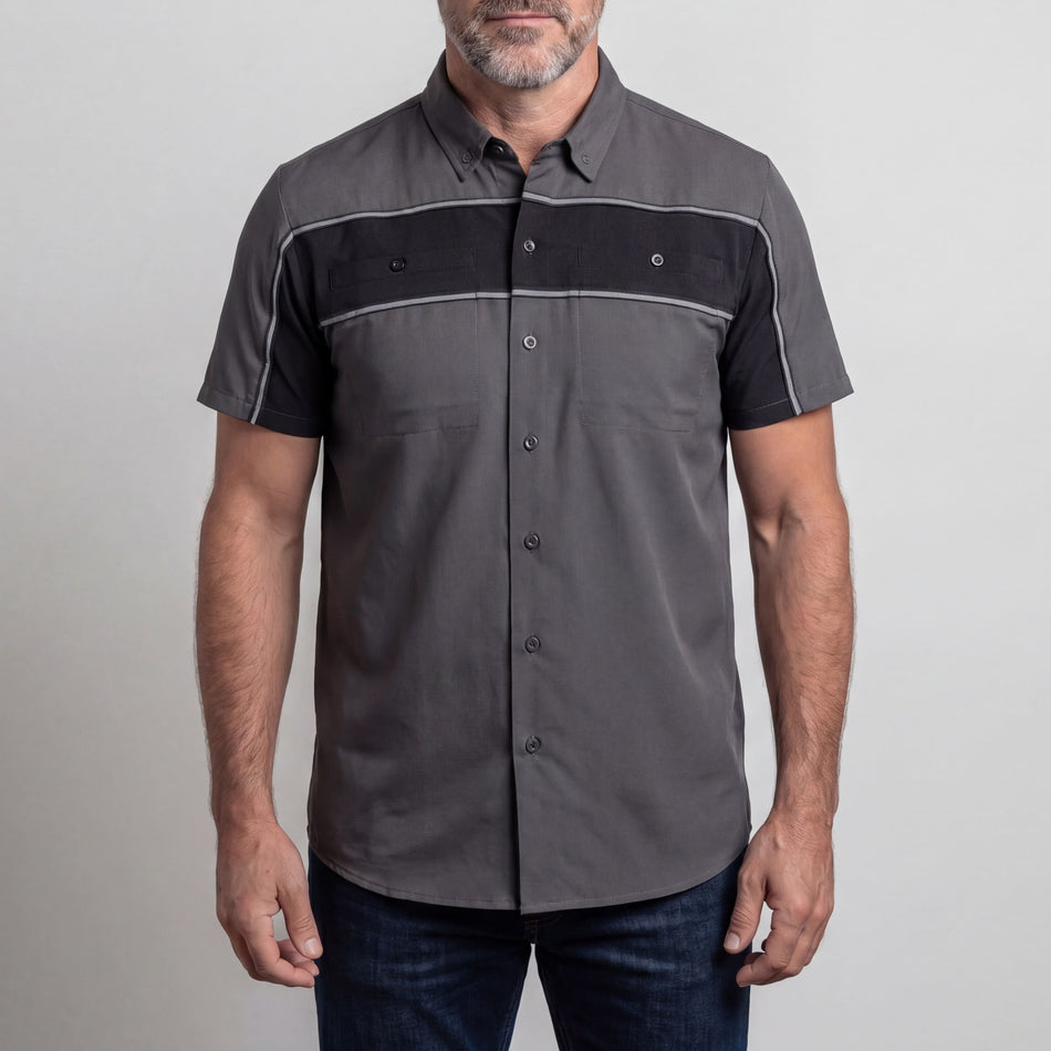 VB770GB - Vance Leather Men's Grey Black Short Sleeve Button Down Two Pockets Soft Casual Shirt