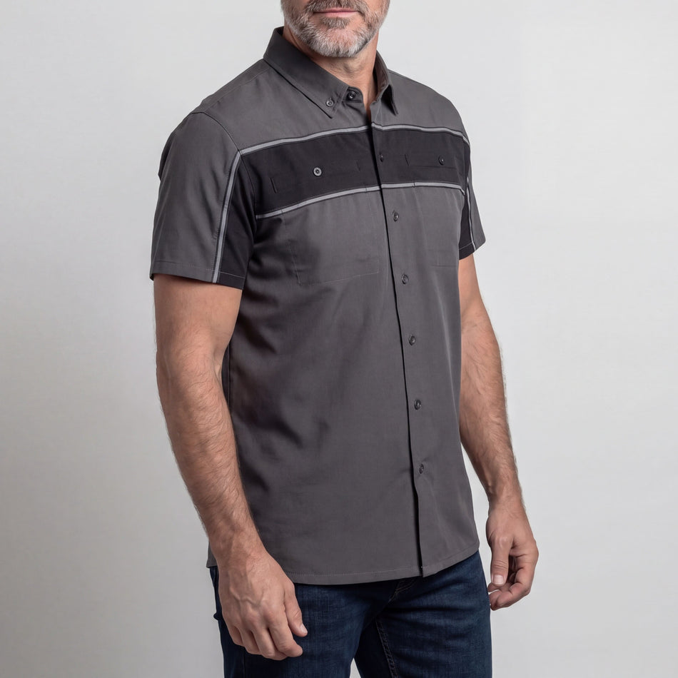 VB770GB - Vance Leather Men's Grey Black Short Sleeve Button Down Two Pockets Soft Casual Shirt