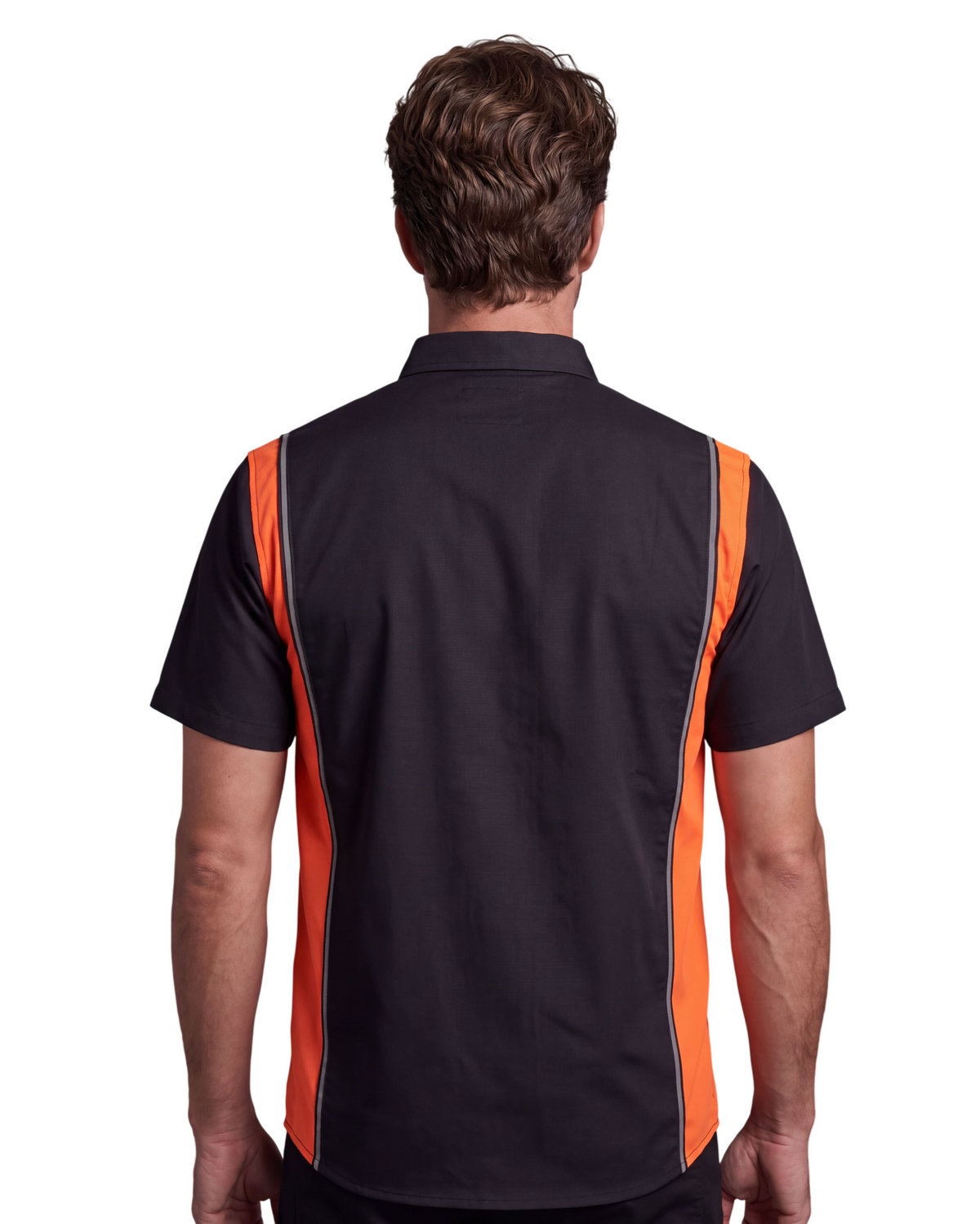 Vance Leather Men's Black Orange Short Sleeve Button Down Two Pockets Mechanic Shirt - back