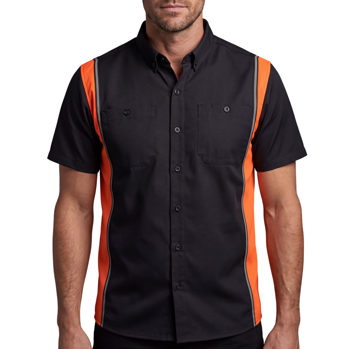 Vance Leather Men's Black Orange Short Sleeve Button Down Two Pockets Mechanic Shirt - front