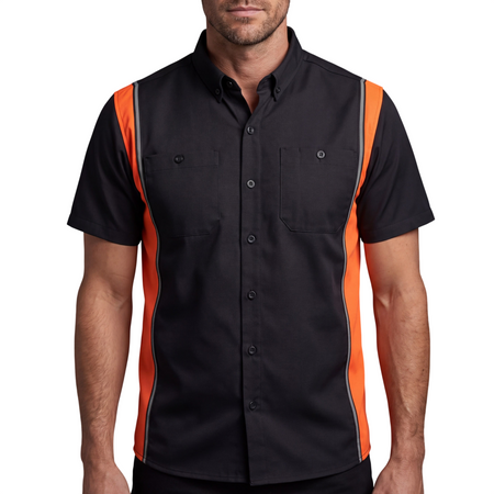 Vance Leather Men's Black Orange Short Sleeve Button Down Two Pockets Mechanic Shirt - front