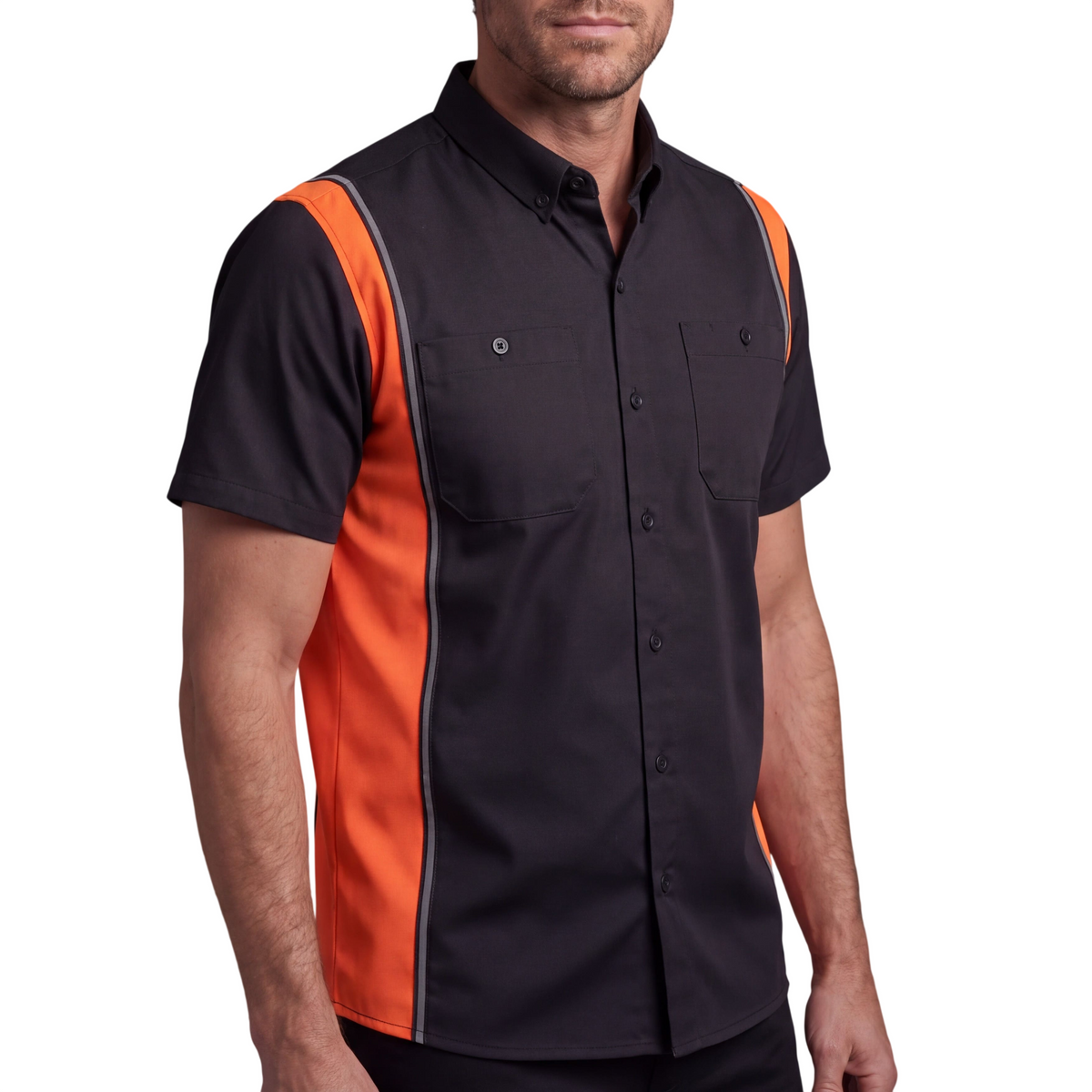Vance Leather Men's Black Orange Short Sleeve Button Down Two Pockets Mechanic Shirt - side