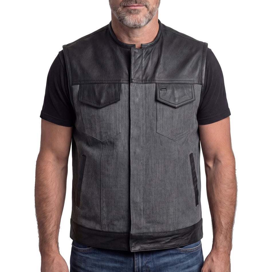 VB910G - Men's Grey Denim & Leather Motorcycle Vest with CCW Pockets