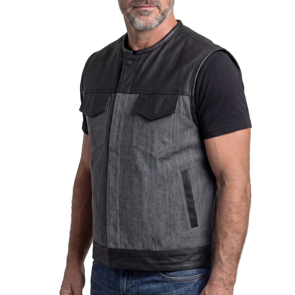 VB910G - Men's Grey Denim & Leather Motorcycle Vest with CCW Pockets