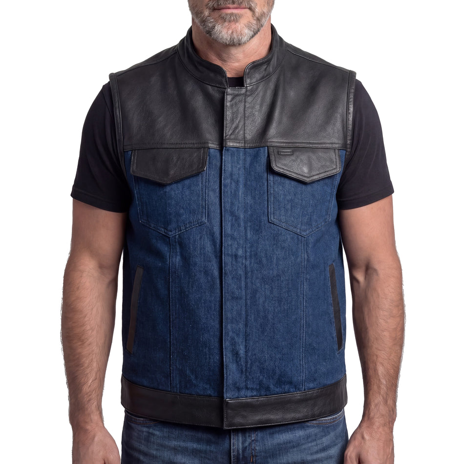VB911L - Mens Blue Motorcycle Denim Vest SOA Club Vest with Leather trims