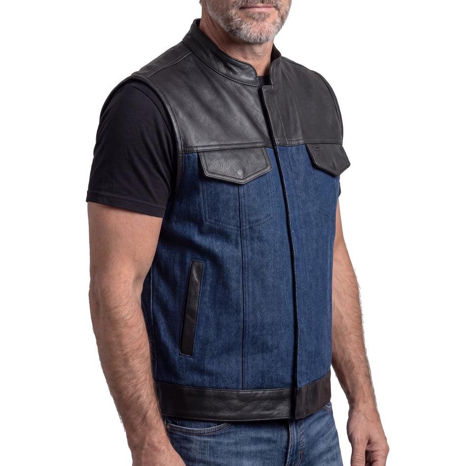 VB911L - Mens Blue Motorcycle Denim Vest SOA Club Vest with Leather trims