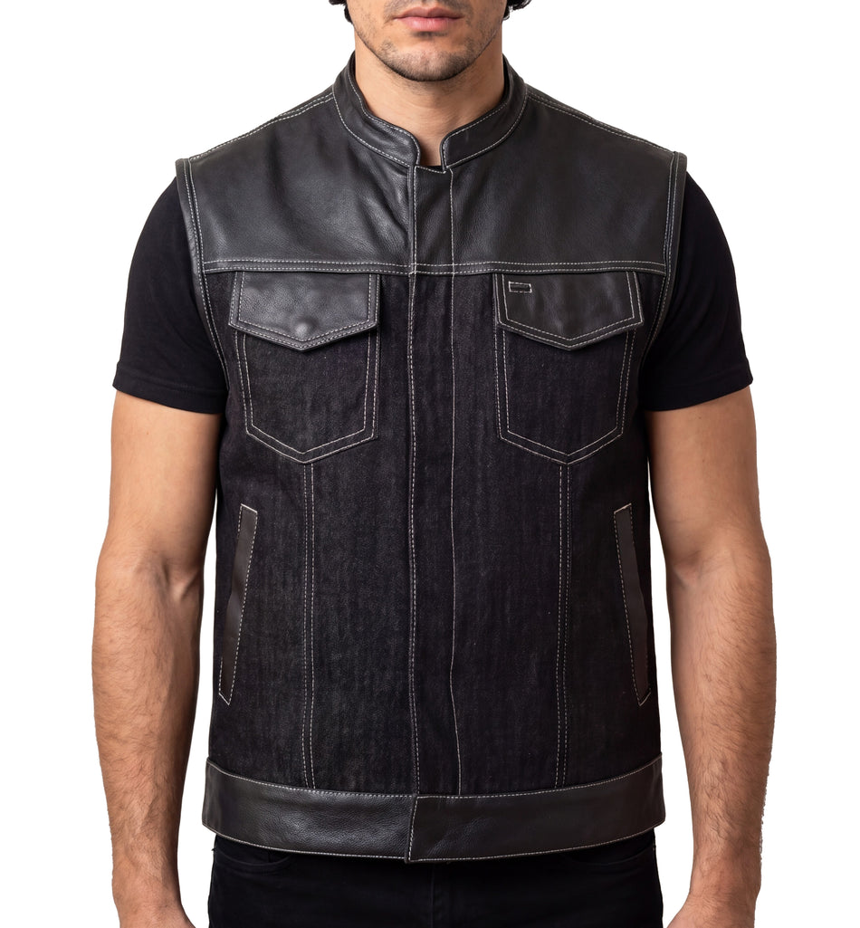 VB912BK - Men's Black Denim & Leather white Stitching Motorcycle Vest with Dual Conceal Carry Pockets