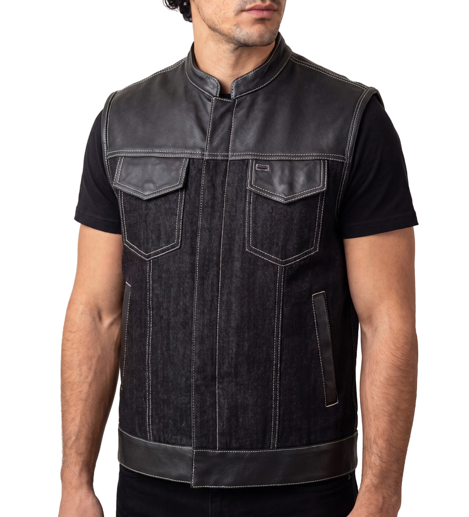 VB912BK - Men's Black Denim & Leather white Stitching Motorcycle Vest with Dual Conceal Carry Pockets