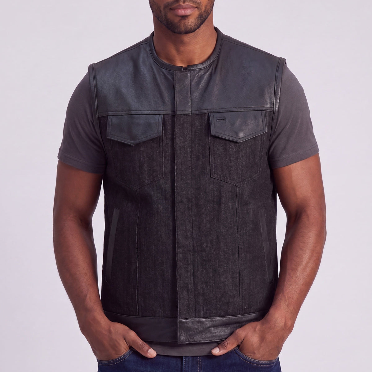 Mens Denim & Leather Motorcycle Vest with Dual CCW, SOA Biker Club Vest, Snap & Zipper Closure - front pose