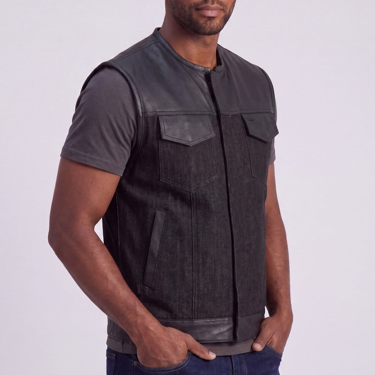 Mens Denim & Leather Motorcycle Vest with Dual CCW, SOA Biker Club Vest, Snap & Zipper Closure - side pose