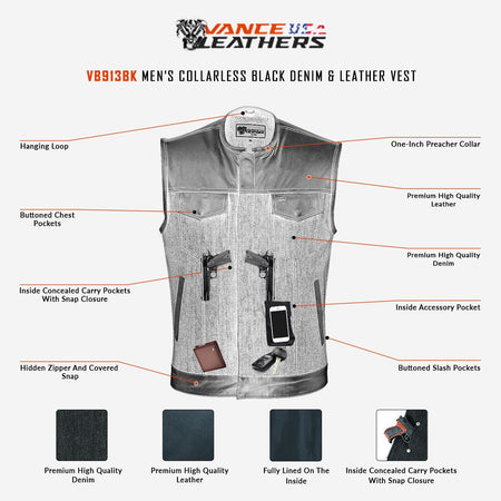 Mens-Collarless-Black-Denim-Leather-Vest-infographic