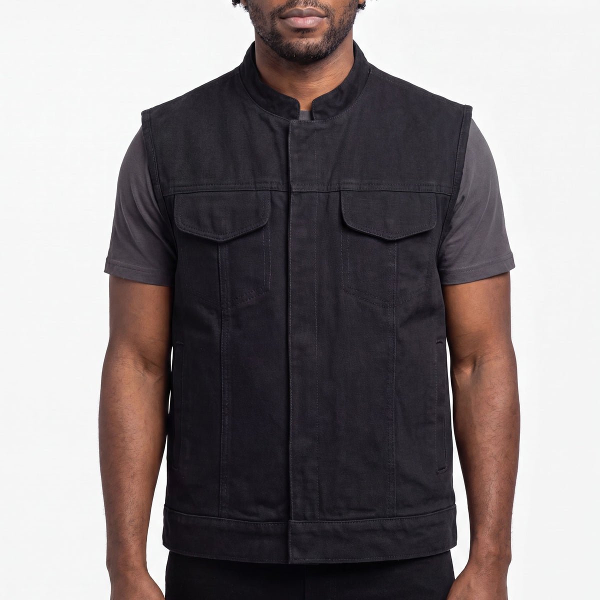 Mens SOA Style Black Denim Club Vest - front pose