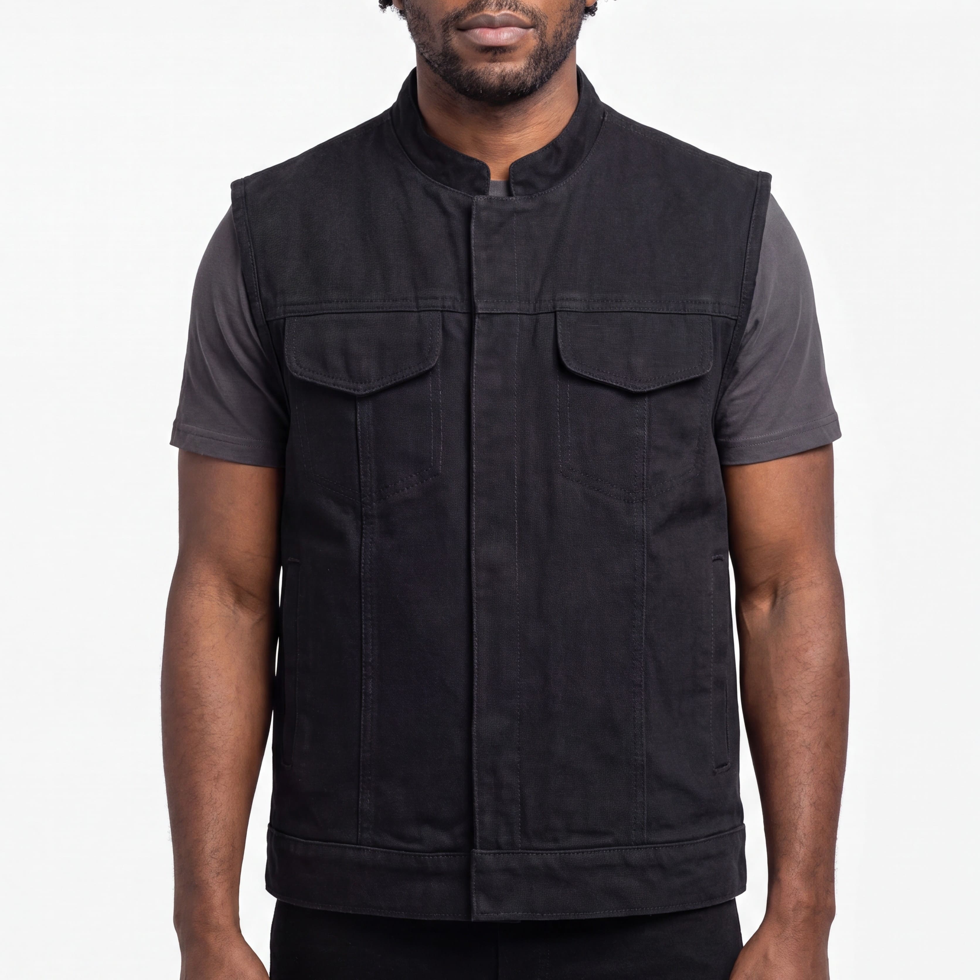 Mens SOA Style Black Denim Club Vest - front pose