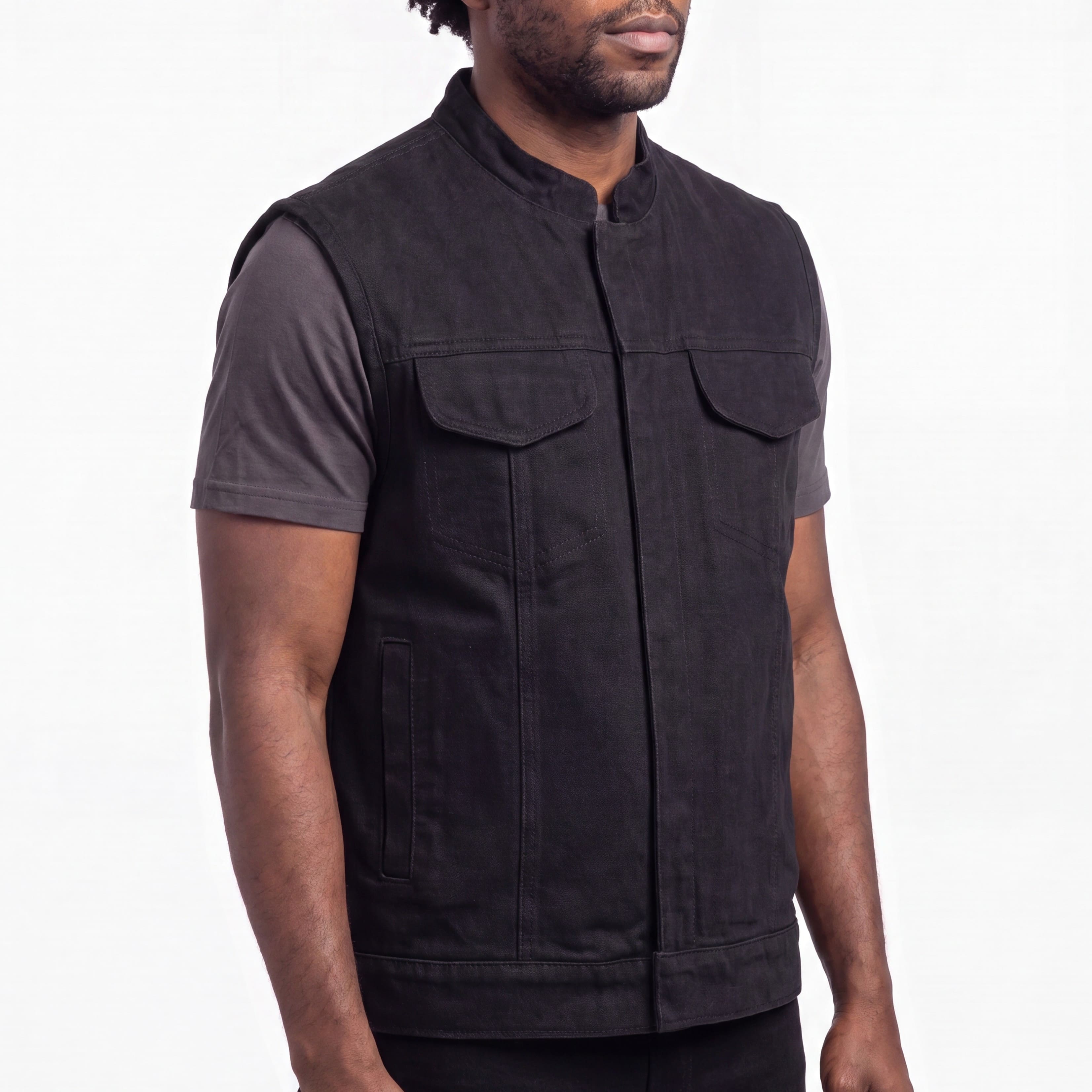 Mens SOA Style Black Denim Club Vest - side pose
