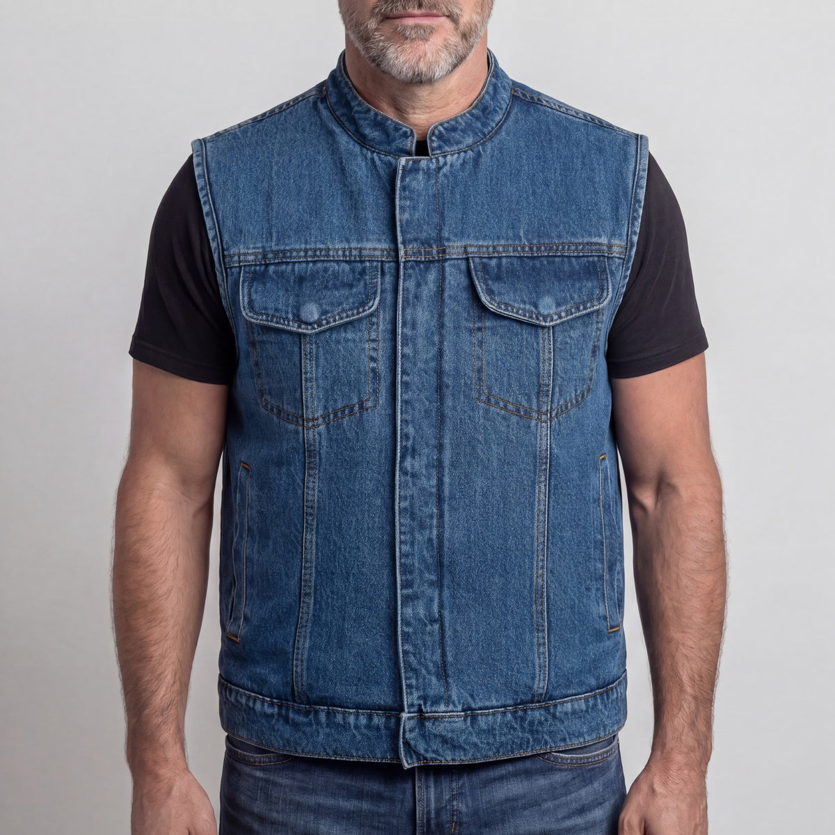 VB914BL - Mens Sky Blue Denim Club Vest w/ Concealed Carry - front pose