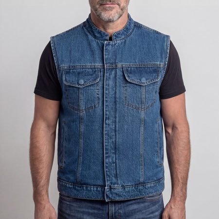 VB914BL - Mens Sky Blue Denim Club Vest w/ Concealed Carry - front pose