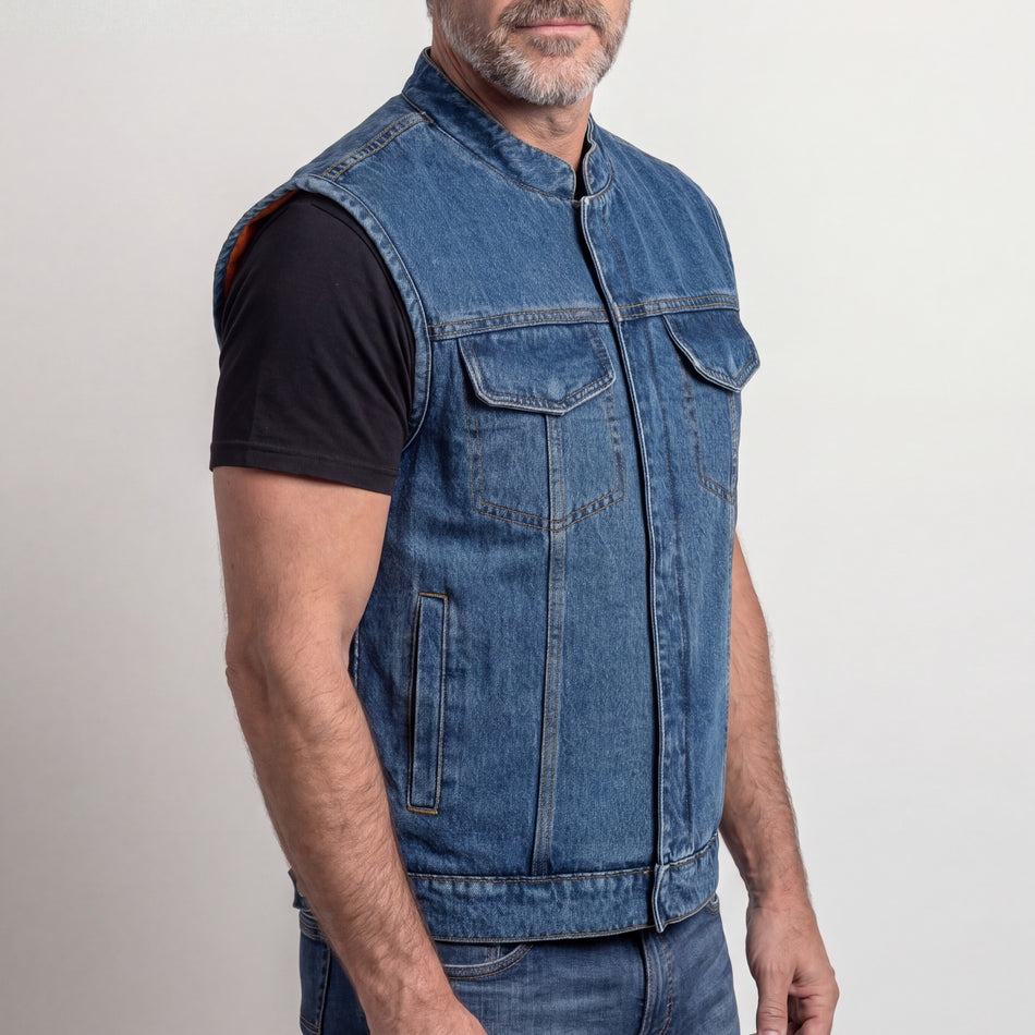 VB914BL - Mens Sky Blue Denim Club Vest w/ Concealed Carry - side pose