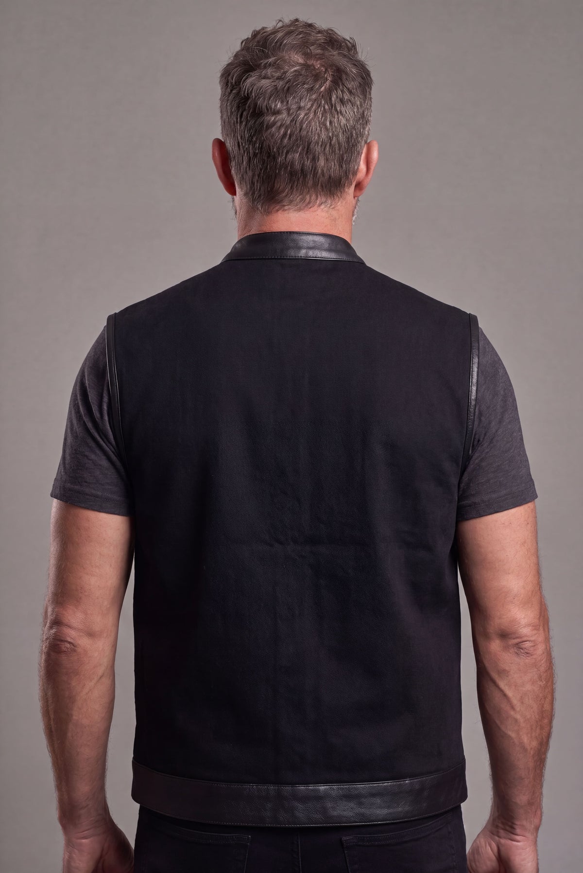 Vance Denim Black Club Vest with Leather Trims - back pose