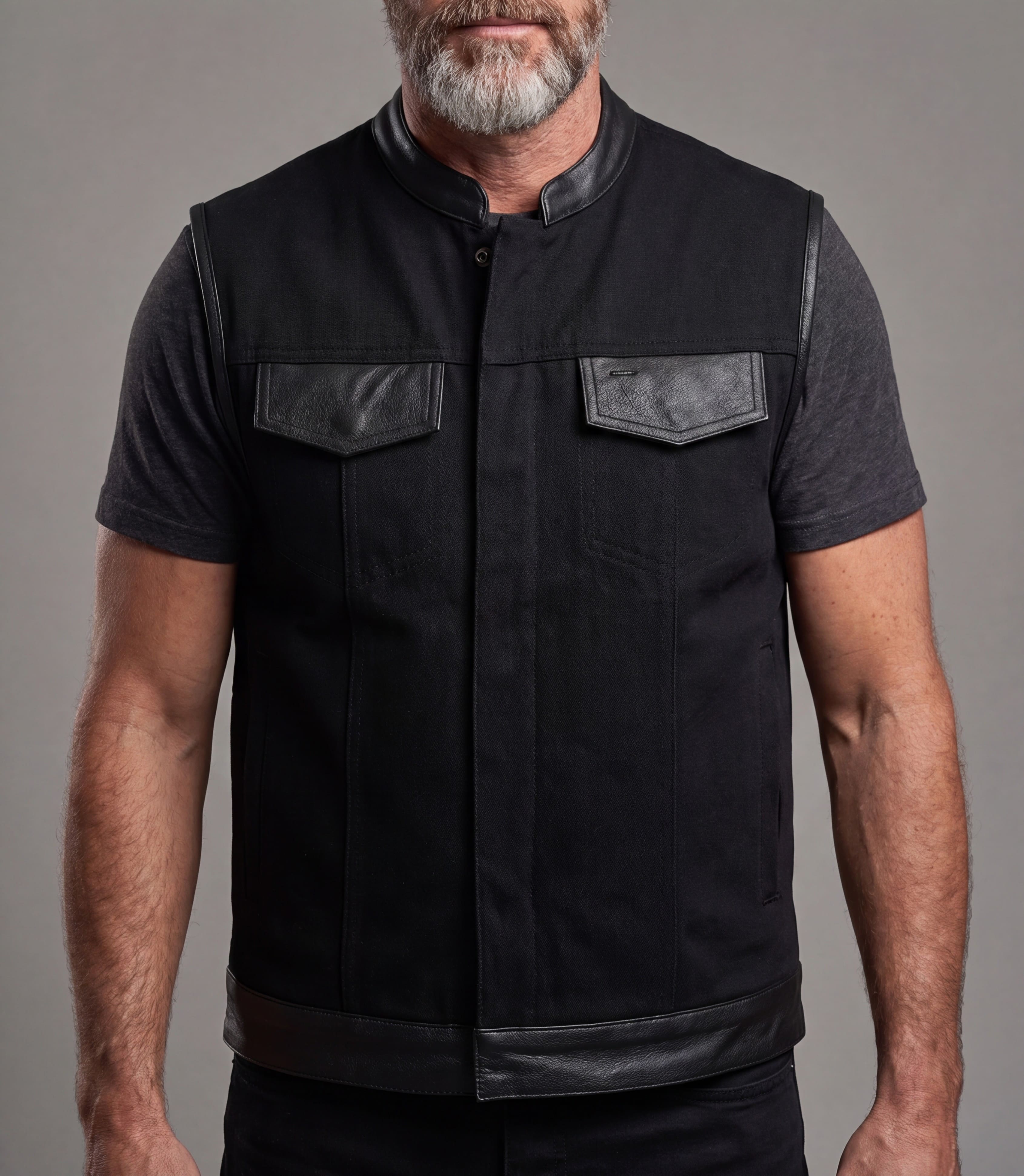 Vance Denim Black Club Vest with Leather Trims - front pose