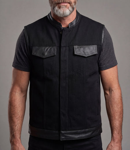 Vance Denim Black Club Vest with Leather Trims - front pose