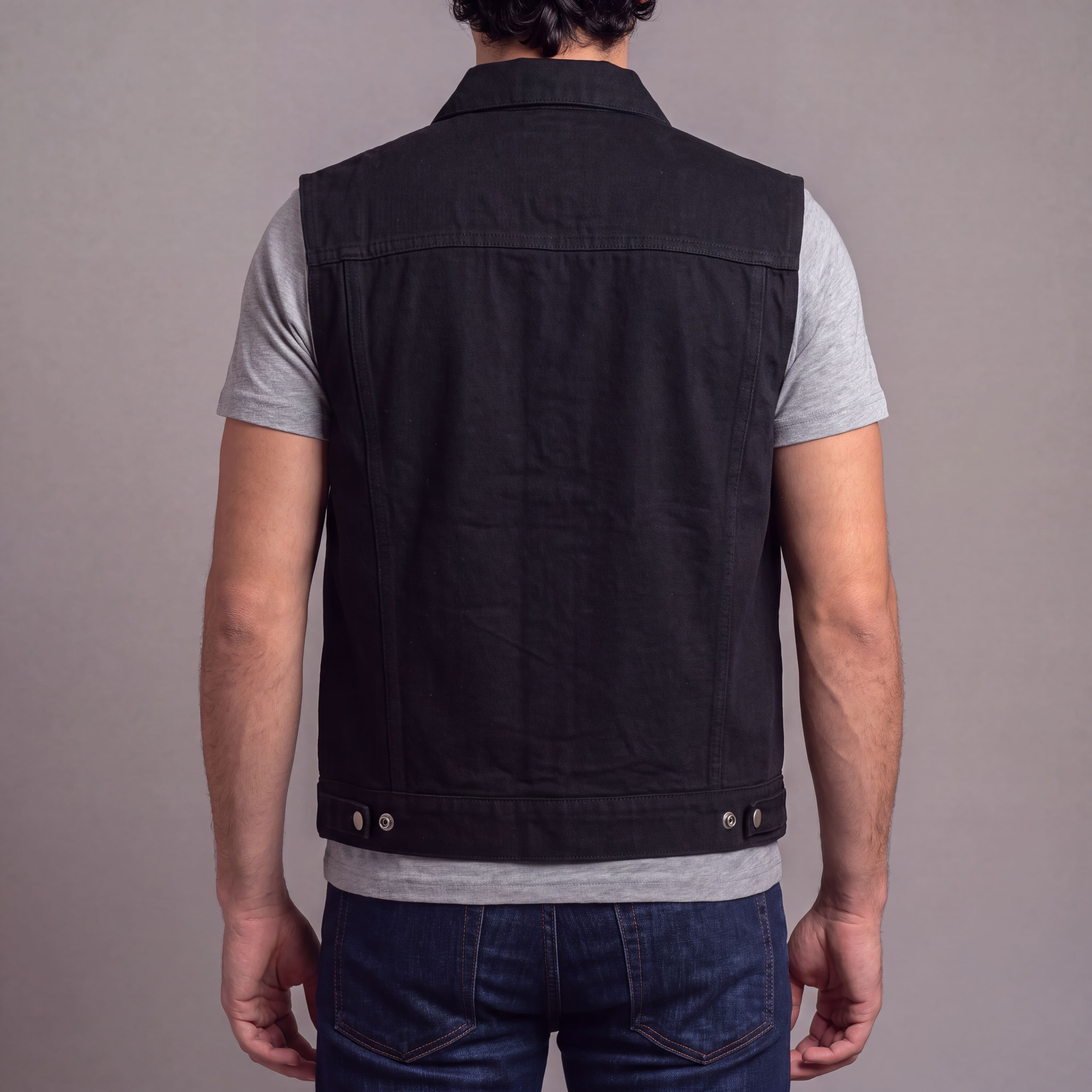 VB917BK - Vance Mens Black Jean Style Denim Motorcycle Vest - back pose