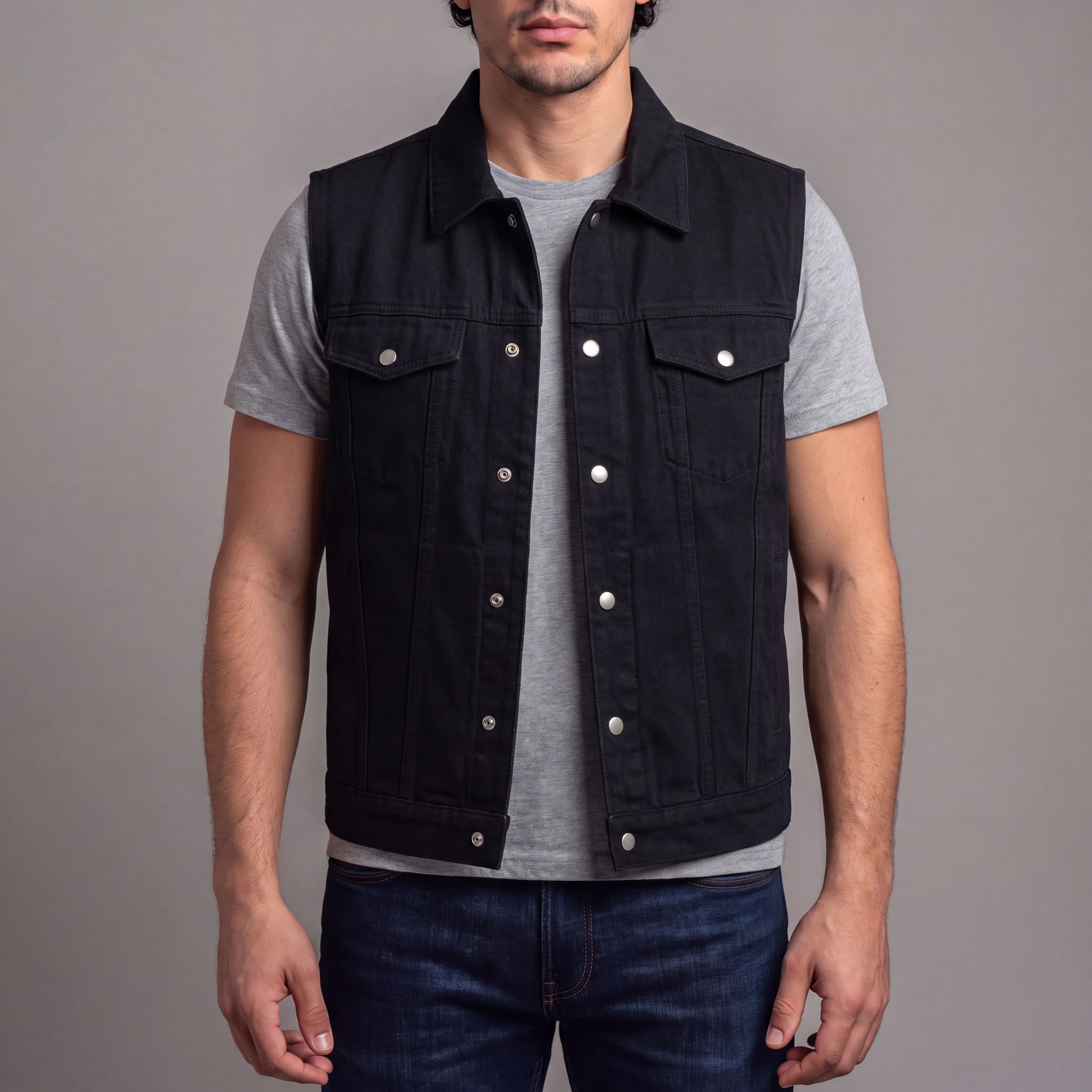 VB917BK - Vance Mens Black Jean Style Denim Motorcycle Vest - front pose