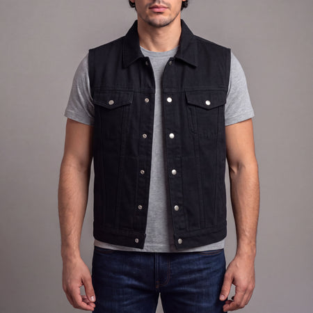 VB917BK - Vance Mens Black Jean Style Denim Motorcycle Vest - front pose