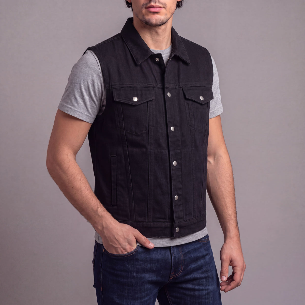 VB917BK - Vance Mens Black Jean Style Denim Motorcycle Vest - side pose