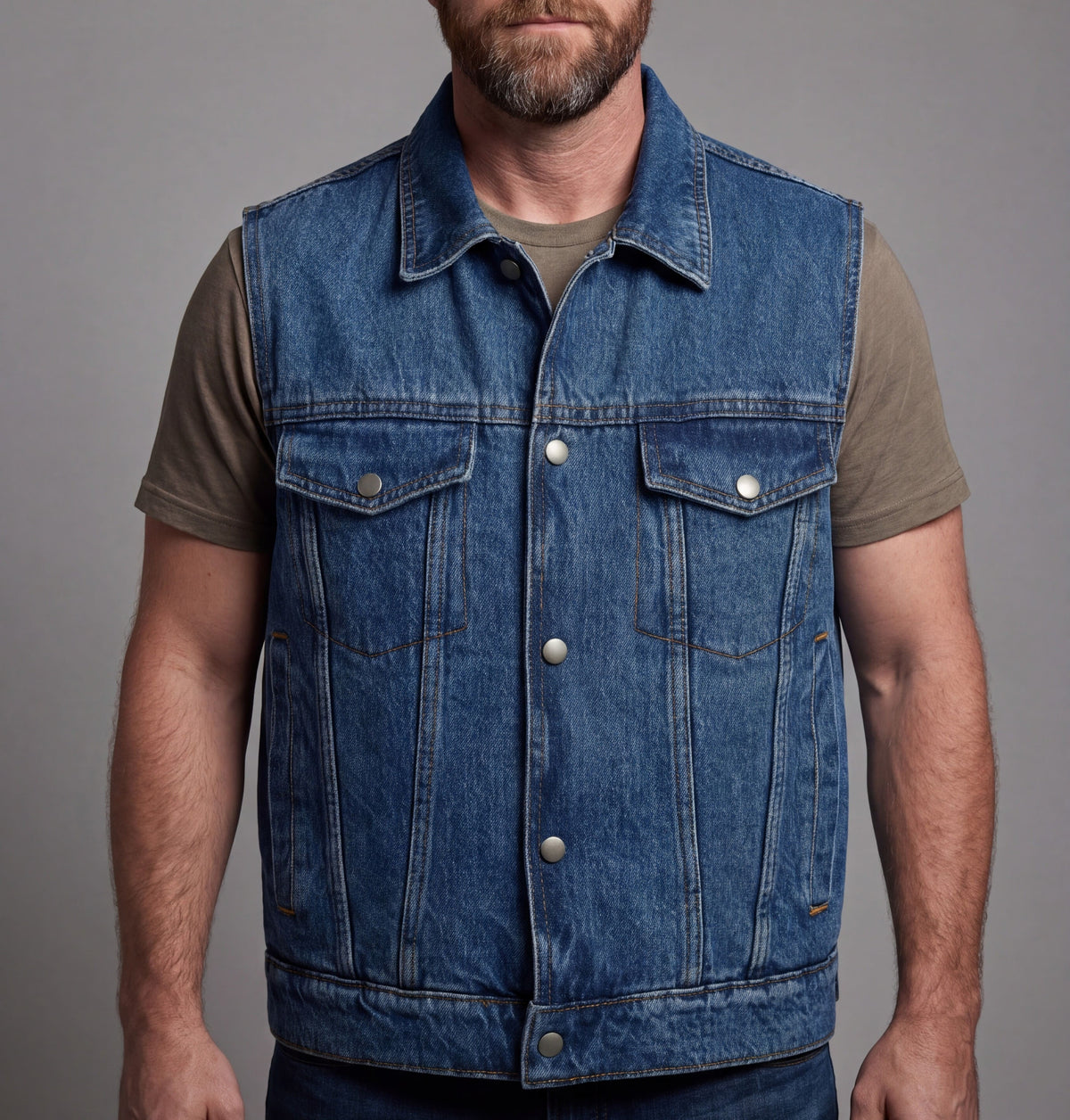 Vance Mens Blue Jean Style Denim Motorcycle Vest - Front Pose