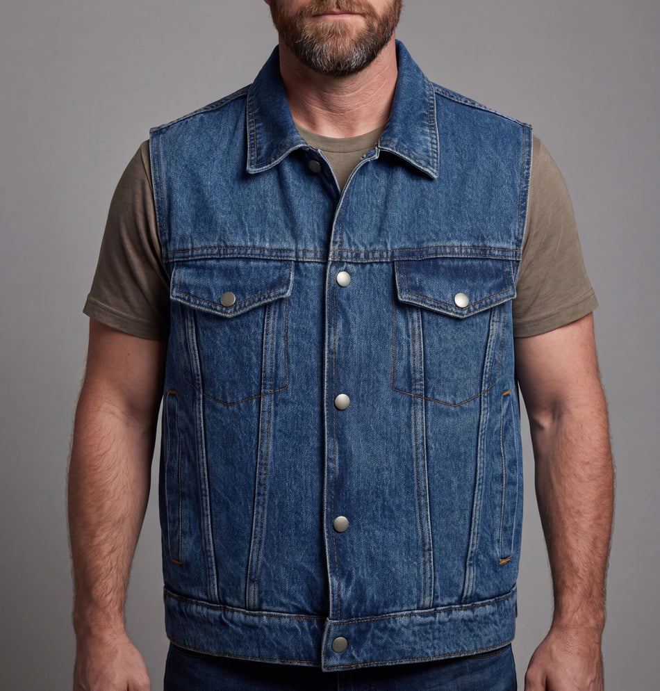 Vance Mens Blue Jean Style Denim Motorcycle Vest - Front Pose