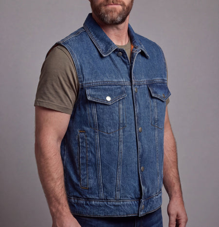 Vance Mens Blue Jean Style Denim Motorcycle Vest - Side Pose