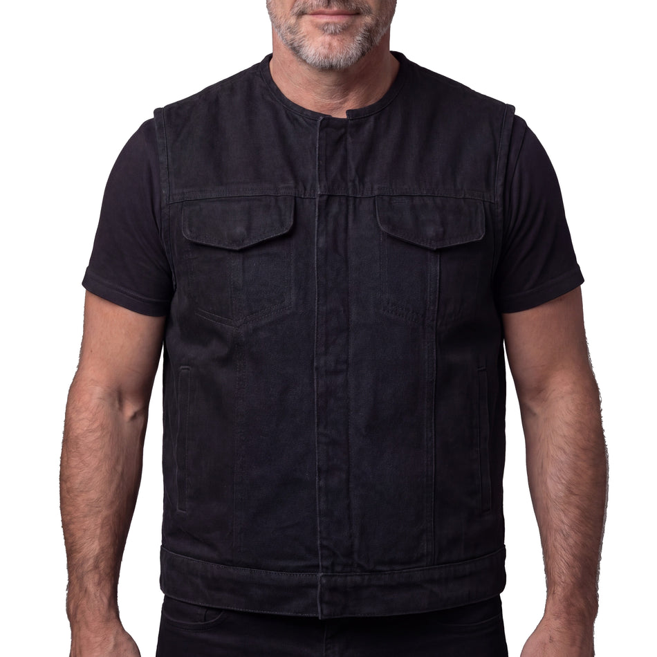 VB919BK - Men's Black Denim Collarless Club Vest with Conceal Carry Pockets