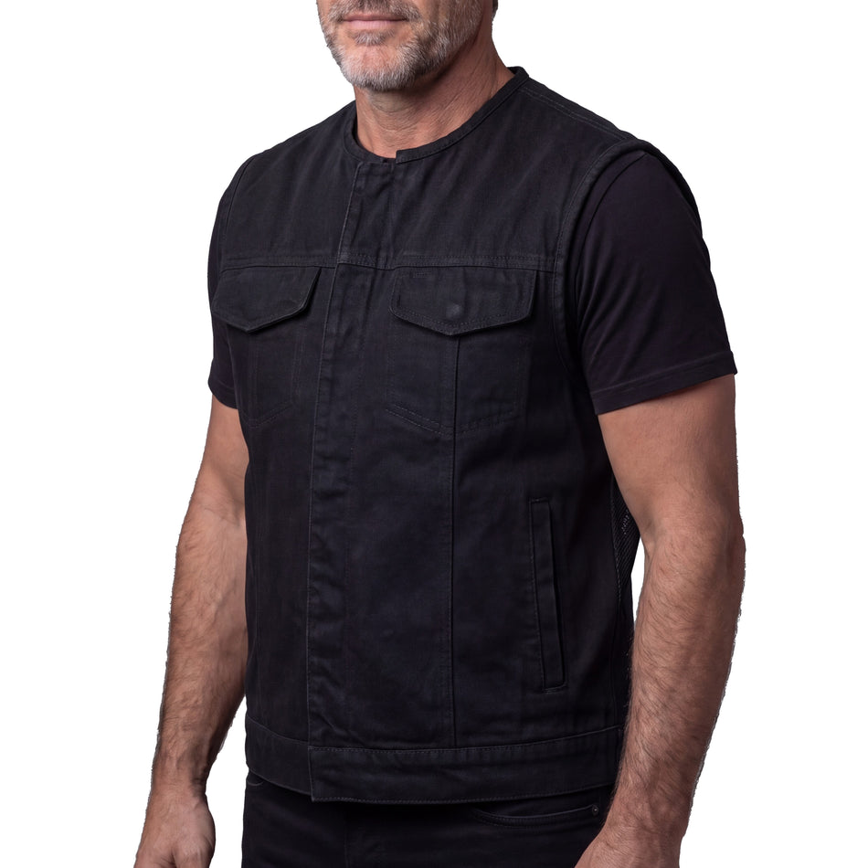 VB919BK - Men's Black Denim Collarless Club Vest with Conceal Carry Pockets