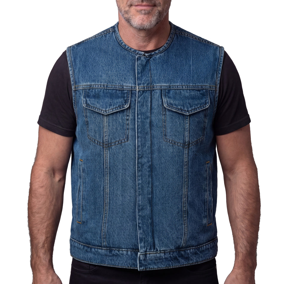 VB919BL - Men's Blue Denim Collarless Club Vest with Conceal Carry Pockets