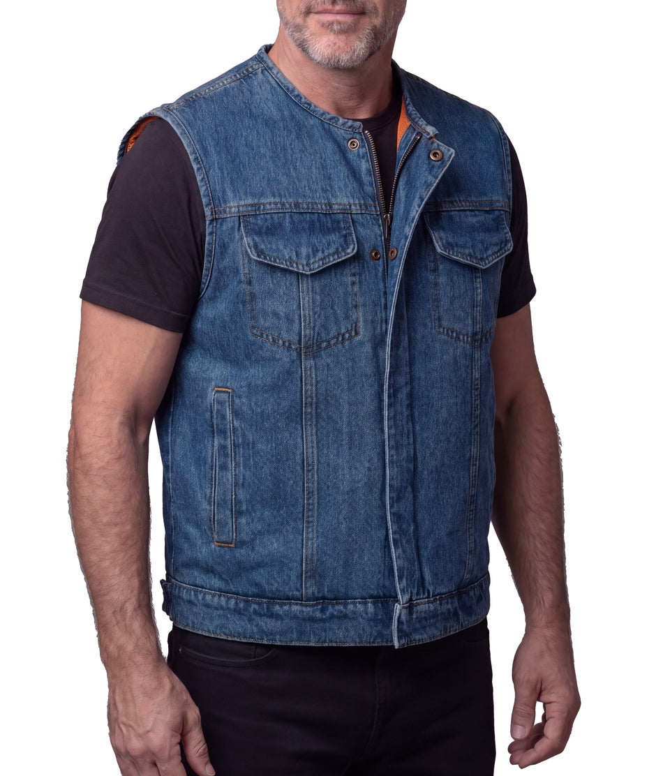 VB919BL - Men's Blue Denim Collarless Club Vest with Conceal Carry Pockets