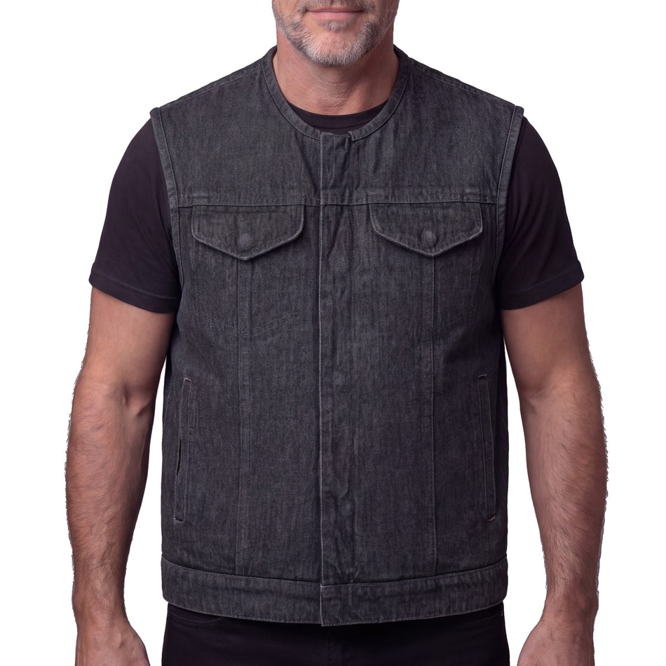 Vance VB919CG Men's Distressed Grey Denim Collarless Club Vest w Dual Front Closure & CCW Pockets