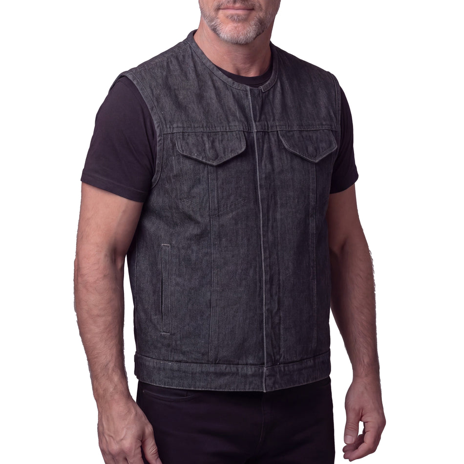 Vance VB919CG Men's Distressed Grey Denim Collarless Club Vest w Dual Front Closure & CCW Pockets