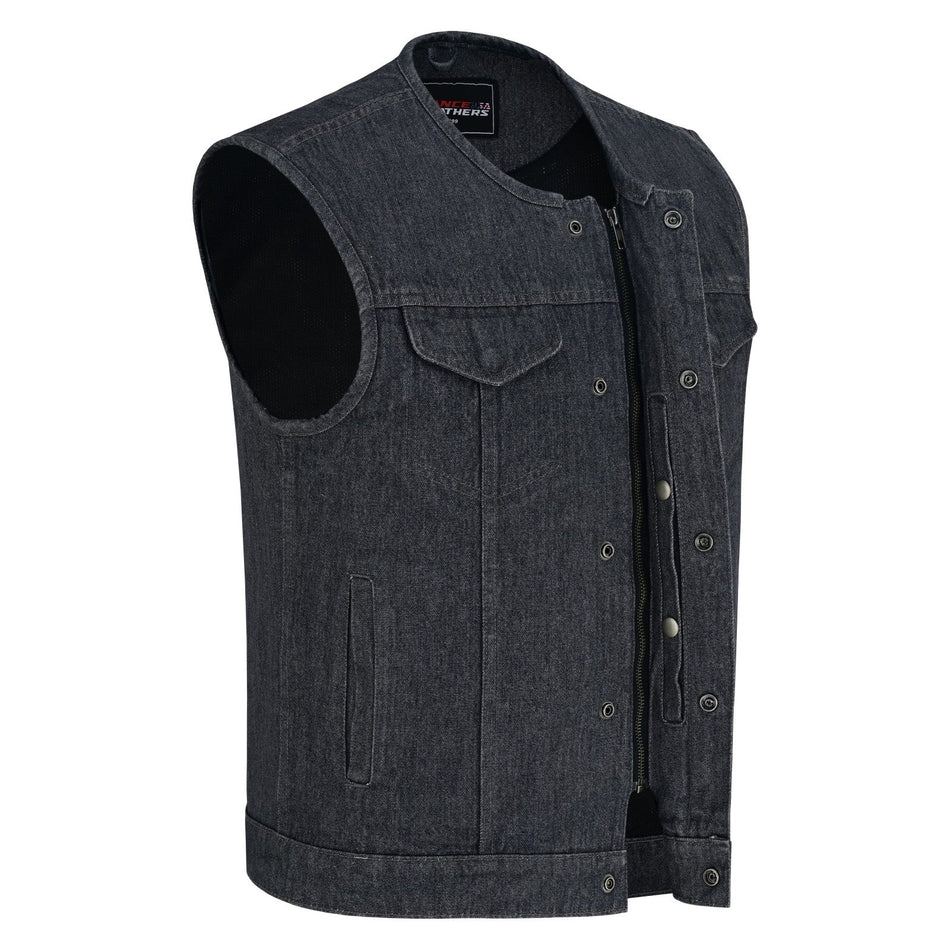 Vance VB919CG Men's Distressed Grey Denim Collarless Club Vest w Dual Front Closure & CCW Pockets