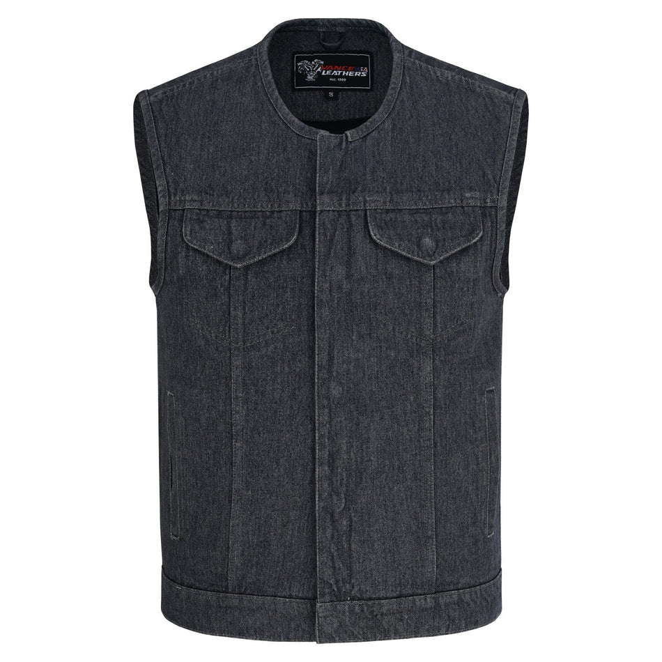 Vance VB919CG Men's Distressed Grey Denim Collarless Club Vest w Dual Front Closure & CCW Pockets